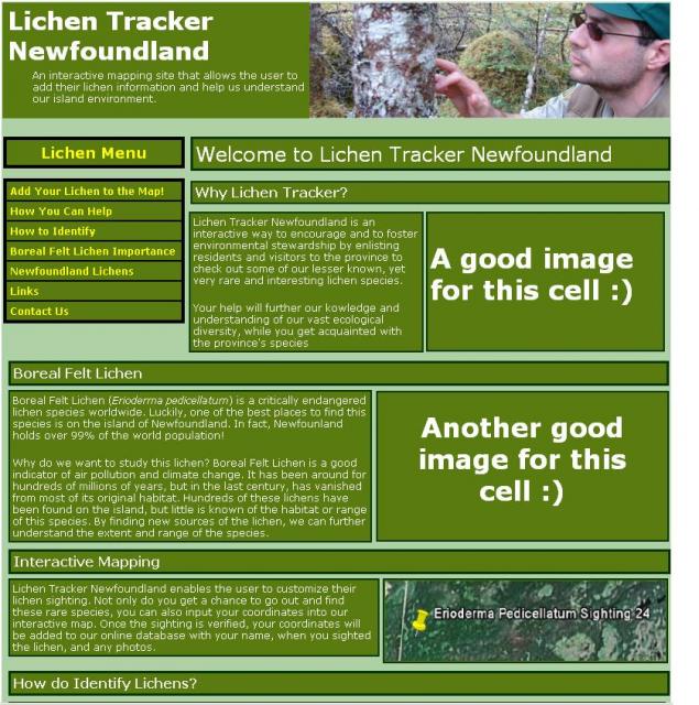  Sample page for Lichen Tracker. Please note that it is a work in progress, and they blocky feel will evolve into something much more smoother.